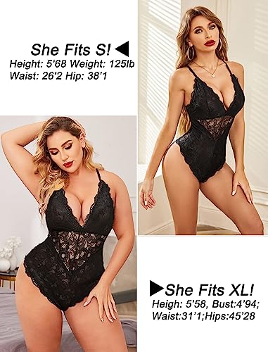 Avidlove Snap Crotch Lingerie Women Deep V Lace Teddy Bodysuit One Piece Babydoll(Black,L)