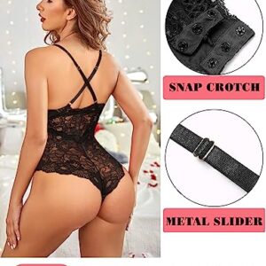 Avidlove Snap Crotch Lingerie Women Deep V Lace Teddy Bodysuit One Piece Babydoll(Black,L)