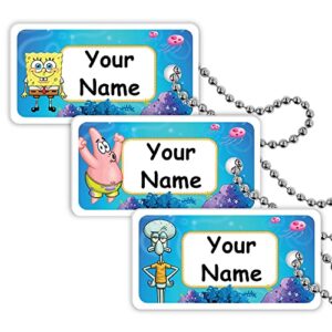spongebob squarepants theme 3 mini personalized waterproof custom name bag tags with chain attachments