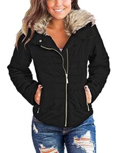 vetinee women casual faux fur lapel zip pockets quilted parka jacket puffer coat black xx-large (fits us 18-us 20)