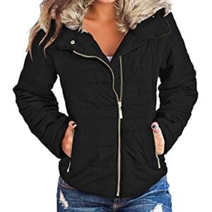 Vetinee Women Casual Faux Fur Lapel Zip Pockets Quilted Parka Jacket Puffer Coat Black XX-Large (Fits US 18-US 20)