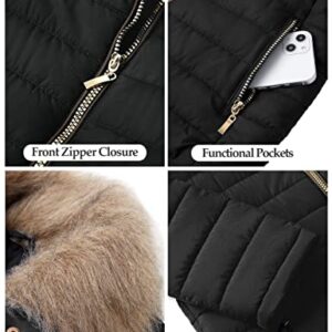 Vetinee Women Casual Faux Fur Lapel Zip Pockets Quilted Parka Jacket Puffer Coat Black XX-Large (Fits US 18-US 20)