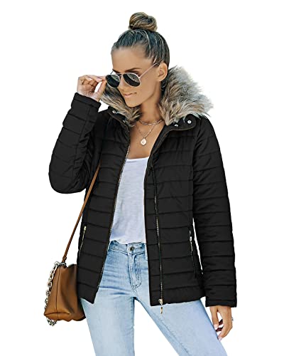 Vetinee Women Casual Faux Fur Lapel Zip Pockets Quilted Parka Jacket Puffer Coat Black XX-Large (Fits US 18-US 20)