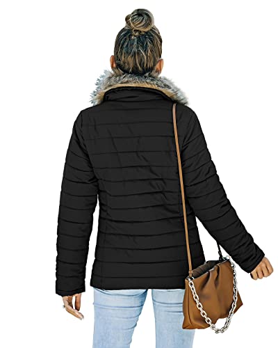 Vetinee Women Casual Faux Fur Lapel Zip Pockets Quilted Parka Jacket Puffer Coat Black XX-Large (Fits US 18-US 20)