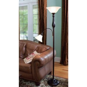 J. Hunt Home Woodbine 72-in Dark Oil Rubbed Bronze Torchiere with Reading Light Floor Lamp with Glass Shade PL1673