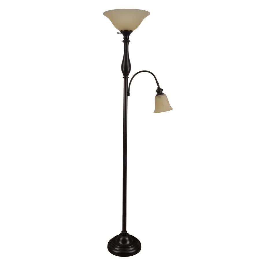 J. Hunt Home Woodbine 72-in Dark Oil Rubbed Bronze Torchiere with Reading Light Floor Lamp with Glass Shade PL1673