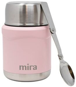 mira thermos for hot food & soup - 15 oz insulated food jar with foldable spoon - leak proof stainless steel thermal storage lunch container, canteen, double walled, pink