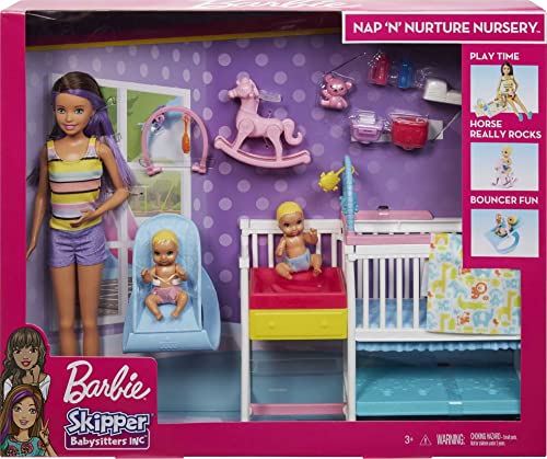 Barbie Skipper Babysitters Inc Dolls & Playset, Nap 'N Nurture Nursery, Skipper Doll, Baby Doll, Crib & 10+ Accessories, Working Bouncer