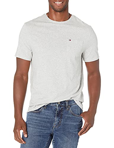 Tommy Hilfiger Men's Short Sleeve Crewneck T Shirt with Pocket, Light Grey Heather, Large