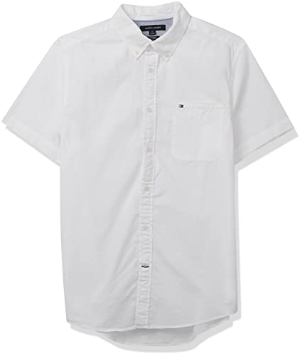 Tommy Hilfiger Men's Short Sleeve Button Down Shirt in Custom Fit, Bright White, Medium