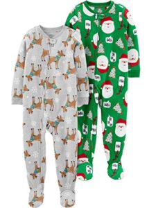 simple joys by carter's toddler boys' holiday loose-fit flame resistant fleece footed pajamas, pack of 2, green santa/grey heather reindeer, 4t