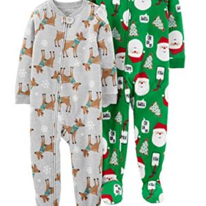 Simple Joys by Carter's Toddler Boys' Holiday Loose-Fit Flame Resistant Fleece Footed Pajamas, Pack of 2, Green Santa/Grey Heather Reindeer, 4T