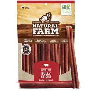 Natural Farm Odor-Free Bully Sticks (6 Inch, 15 Pack), Single Ingredient: 100% Beef Chews, Grass-Fed, Non-GMO, Grain-Free, Fully Digestible Treats for Puppies, Small or Senior Dog