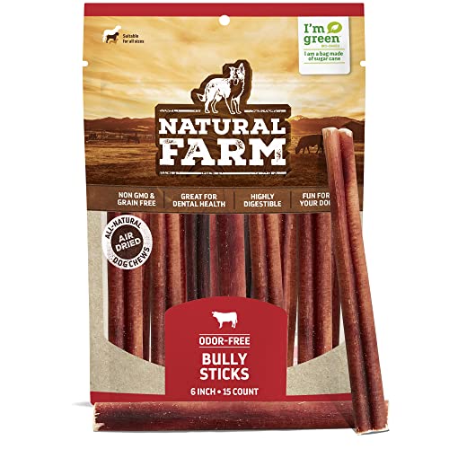 Natural Farm Odor-Free Bully Sticks (6 Inch, 15 Pack), Single Ingredient: 100% Beef Chews, Grass-Fed, Non-GMO, Grain-Free, Fully Digestible Treats for Puppies, Small or Senior Dog