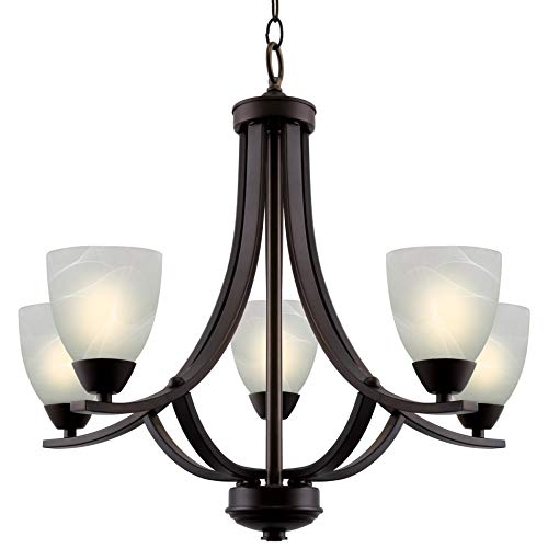 Kira Home Weston 24" Contemporary 5-Light Large Chandelier + Alabaster Glass Shades, Adjustable Chain, Oil Rubbed Bronze Finish