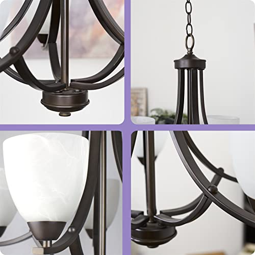 Kira Home Weston 24" Contemporary 5-Light Large Chandelier + Alabaster Glass Shades, Adjustable Chain, Oil Rubbed Bronze Finish