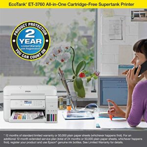 Epson EcoTank ET-3760 Wireless Color All-in-One Cartridge-Free Supertank Printer with Scanner, Copier and Ethernet, Regular