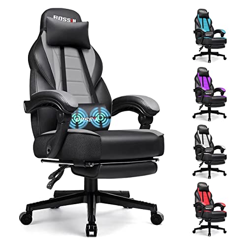 BOSSIN Gaming Chair with Massage, Ergonomic Heavy Duty Design, Gamer Chair with Footrest and Lumbar Support, Large Size Cushion High Back Office Chair, Big and Tall Gaming Computer Chair for Kids