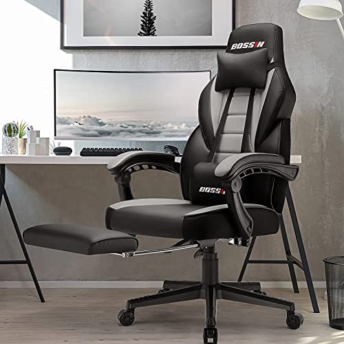 BOSSIN Gaming Chair with Massage, Ergonomic Heavy Duty Design, Gamer Chair with Footrest and Lumbar Support, Large Size Cushion High Back Office Chair, Big and Tall Gaming Computer Chair for Kids