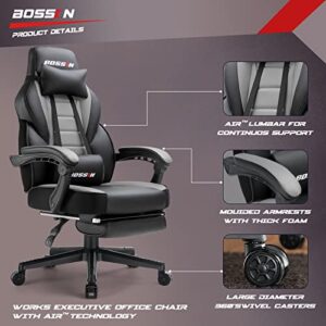 BOSSIN Gaming Chair with Massage, Ergonomic Heavy Duty Design, Gamer Chair with Footrest and Lumbar Support, Large Size Cushion High Back Office Chair, Big and Tall Gaming Computer Chair for Kids