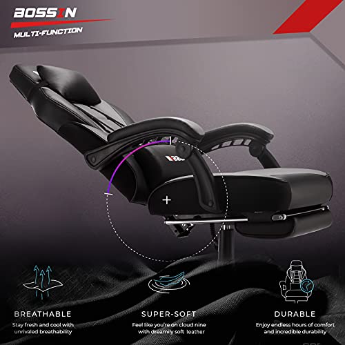 BOSSIN Gaming Chair with Massage, Ergonomic Heavy Duty Design, Gamer Chair with Footrest and Lumbar Support, Large Size Cushion High Back Office Chair, Big and Tall Gaming Computer Chair for Kids