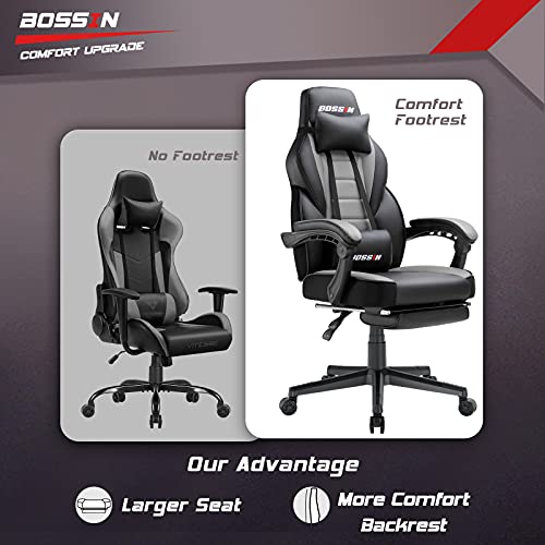 BOSSIN Gaming Chair with Massage, Ergonomic Heavy Duty Design, Gamer Chair with Footrest and Lumbar Support, Large Size Cushion High Back Office Chair, Big and Tall Gaming Computer Chair for Kids