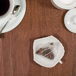 HIC Kitchen Tea Bag Holder Resting Caddy, Fine White Porcelain, Leaf Design, Set of 2