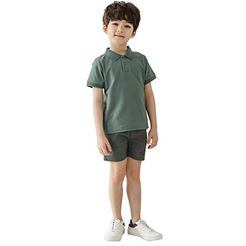 CUNYI Boys' Solid Color Cotton Pique Polo Uniform Shirts Short Sleeve, Green, 110