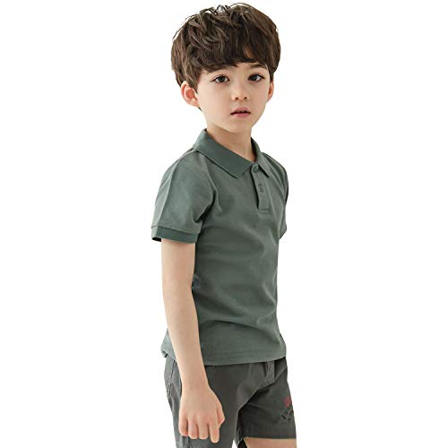 CUNYI Boys' Solid Color Cotton Pique Polo Uniform Shirts Short Sleeve, Green, 110