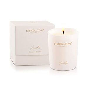 simon&tom highly scented premium vanilla candle 10 oz - 100 hour burn - natural organic soy wax - aromatherapy glass candle jar - candle jar with matte white gift box for home & office - vegan