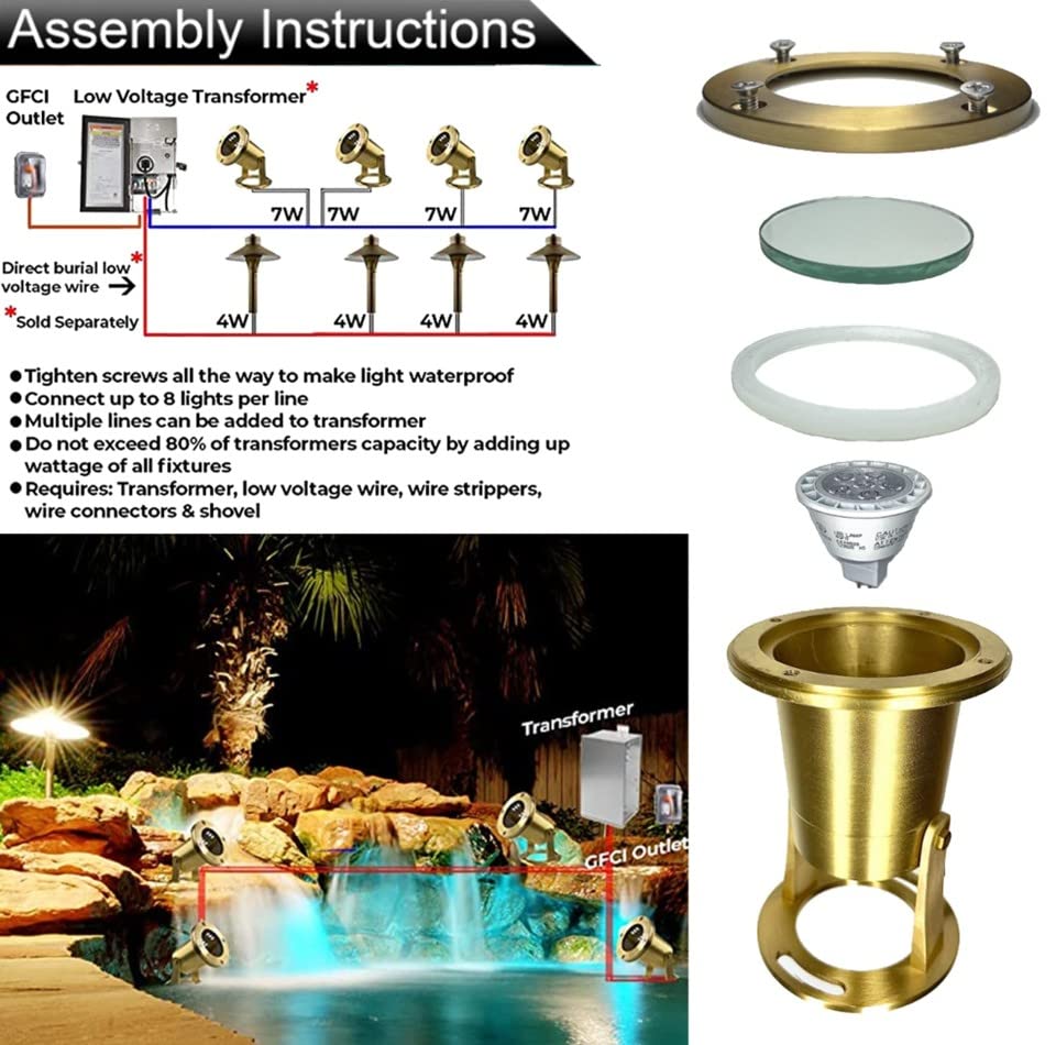 MIK Solutions Underwater Light 113 Solid Brass Submersible LED Lights with 7WMR16 LED Bulb for Watertight Bright Long Lasting Pond Lights and Pool Water Fountain Lights