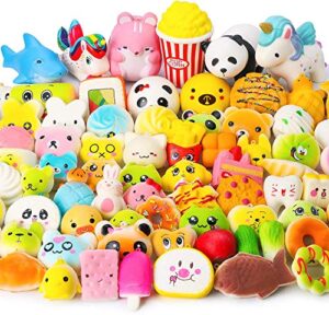 watinc random 70pcs squeeze toys, birthday gifts for kids party favors, slow rising simulation bread squeeze stress relief toys goodie bags egg filler, keychain phone straps, 1 jumbo squeeze include