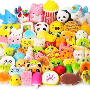 WATINC Random 70Pcs Squeeze Toys, Birthday Gifts for Kids Party Favors, Slow Rising Simulation Bread Squeeze Stress Relief Toys Goodie Bags Egg Filler, Keychain Phone Straps, 1 Jumbo Squeeze Include