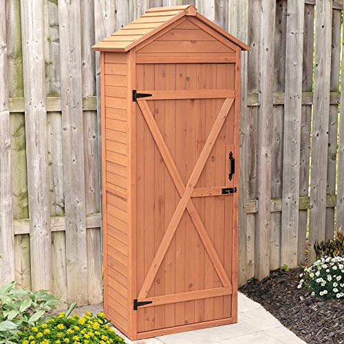 Leisure Season VSD9381 Vertical Shed with Drop Table - Brown - Wooden Tool Storage Cabinet with Shelves - Lockable House, Garden, Patio, Backyard Organizer - Outdoor Hardware Enclosure Unit - Cedar