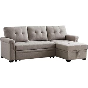 lilola home linen reversible sleeper sectional sofa with storage chaise, light gray