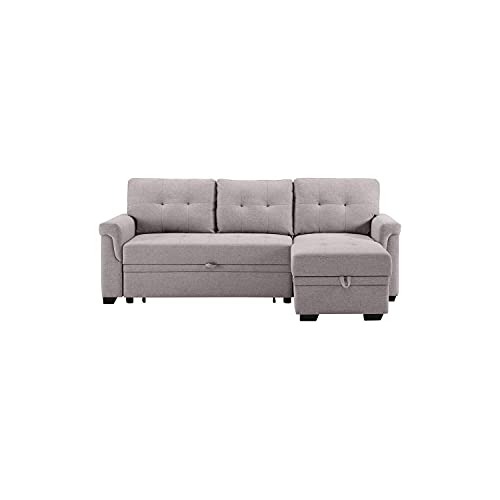 Lilola Home Linen Reversible Sleeper Sectional Sofa with Storage Chaise, Light Gray