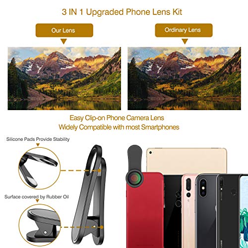Phone Camera Lens,Upgraded 3 in 1 Phone Lens kit-198° Fisheye Lens + Macro Lens + 120° Wide Angle Lens,Clip on Cell Phone Lens Kit Compatible with iPhone Samsung Android Smartphones
