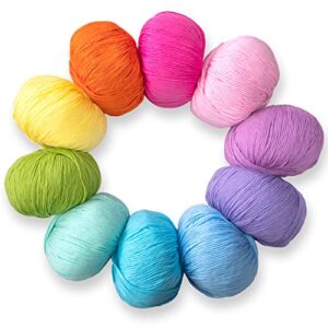 studio sam pure cotton yarn set for knitting and crochet. pack of 10 skeins, total 1850 yards. great for baby blankets and clothes. boho brights collection.