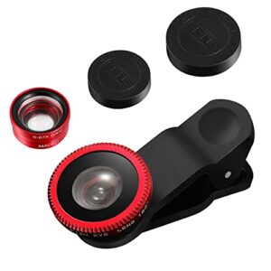 hemobllo portable cell phone camera lens super wide angle lens macro lens fisheye lens clip on 3 in 1 mobile phone lens compatible for iphone 6s/7/8/x (red)