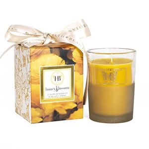 hb health beauty botanicals blossom candle. honey citrus vanilla high fragrance soy candle in honey wax 7.5 oz gold glass
