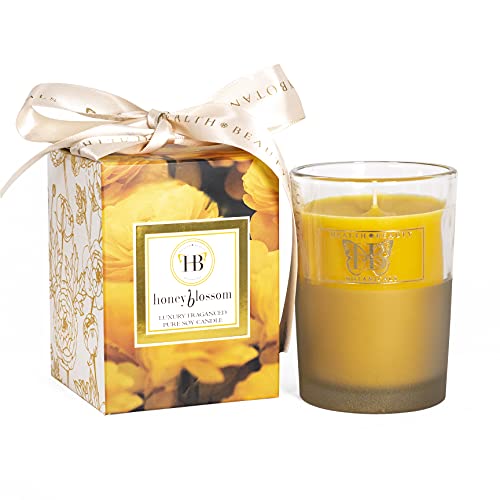 HB HEALTH BEAUTY BOTANICALS Blossom Candle. Honey Citrus Vanilla High Fragrance Soy Candle in Honey Wax 7.5 Oz Gold Glass