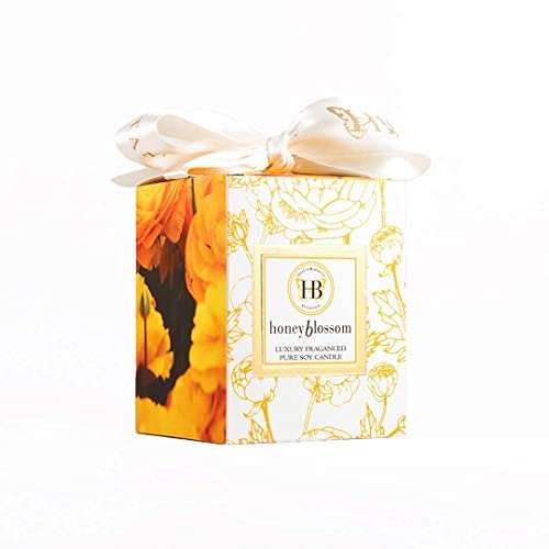 HB HEALTH BEAUTY BOTANICALS Blossom Candle. Honey Citrus Vanilla High Fragrance Soy Candle in Honey Wax 7.5 Oz Gold Glass