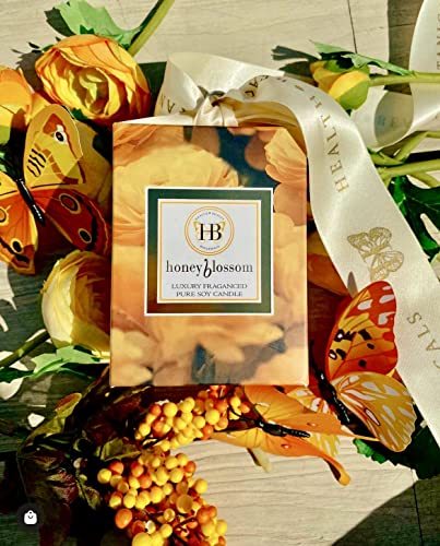 HB HEALTH BEAUTY BOTANICALS Blossom Candle. Honey Citrus Vanilla High Fragrance Soy Candle in Honey Wax 7.5 Oz Gold Glass