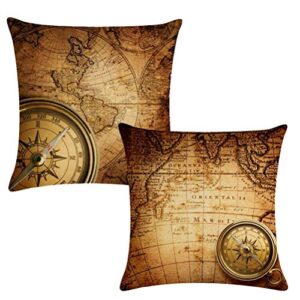 7colorroom set of 2 vintage world map pillow covers navigation compass square decorative throw pillow case cotton linen cushion cover 18”x 18” for home sofa bedding decoration (brown map)