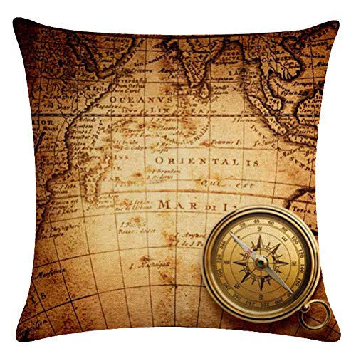 7COLORROOM Set of 2 Vintage World Map Pillow Covers Navigation Compass Square Decorative Throw Pillow Case Cotton Linen Cushion Cover 18”X 18” for Home Sofa Bedding Decoration (Brown map)
