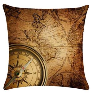 7COLORROOM Set of 2 Vintage World Map Pillow Covers Navigation Compass Square Decorative Throw Pillow Case Cotton Linen Cushion Cover 18”X 18” for Home Sofa Bedding Decoration (Brown map)