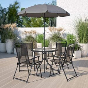 emma + oliver 6 piece black patio garden set with umbrella table and set of 4 folding chairs