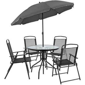 EMMA + OLIVER 6 Piece Black Patio Garden Set with Umbrella Table and Set of 4 Folding Chairs