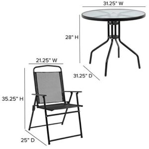 EMMA + OLIVER 6 Piece Black Patio Garden Set with Umbrella Table and Set of 4 Folding Chairs