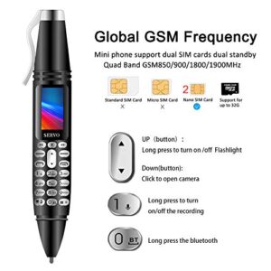 Pen Mini Cell Phone Bluetooth Dialer 0.96" Tiny Screen Mobile Phone Support GSM Dual SIM Max 32G TF Card with Camera Flashlight Radio Music Player Rechargeable (Black)